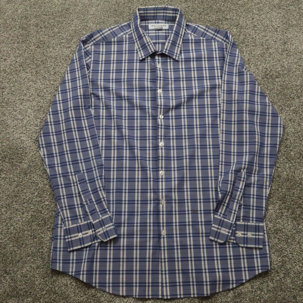 Mizzen+Main Performance Menswear XXL Trim Fit Blue Plaid Long Sleeve Shirt